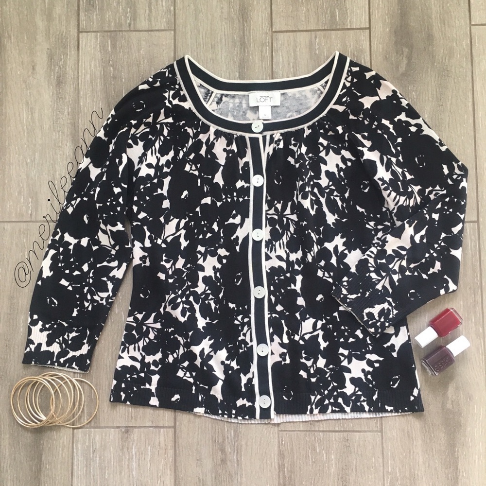 LOFT Black and White Floral Cardigan Sweater
